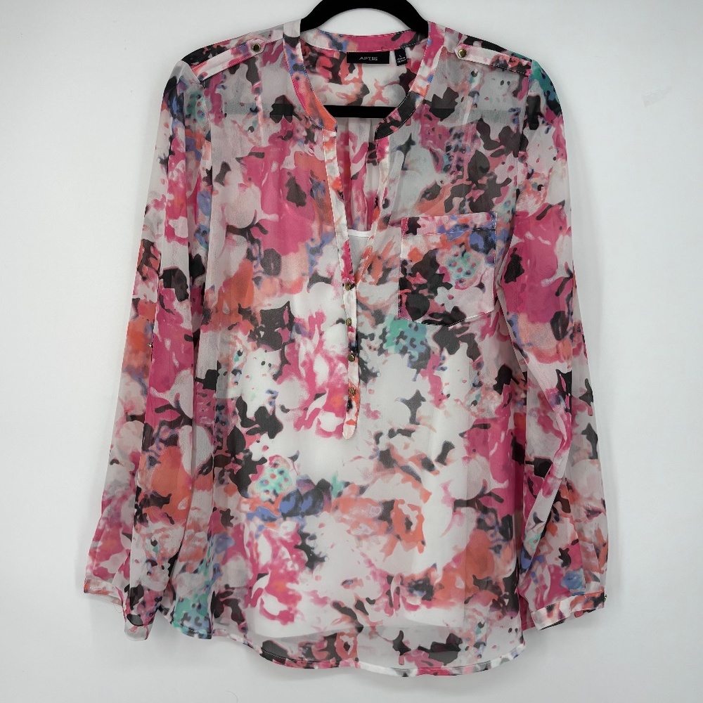 Apt 9 Womens Large Pullover Sheer Blouse Camisole Pink Watercolor Floral Long Sl